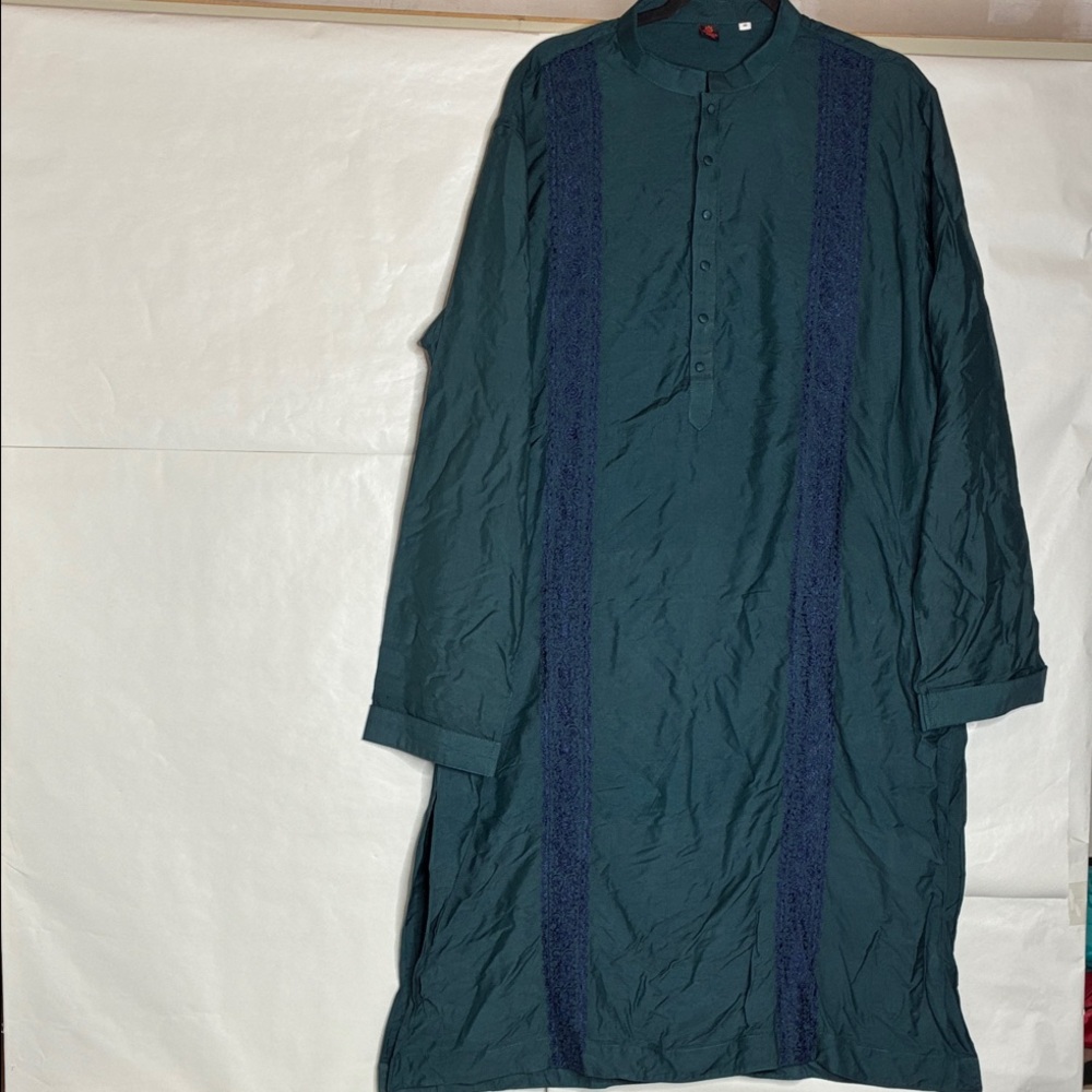 Men's Dark Green Kurta with Navy Trim